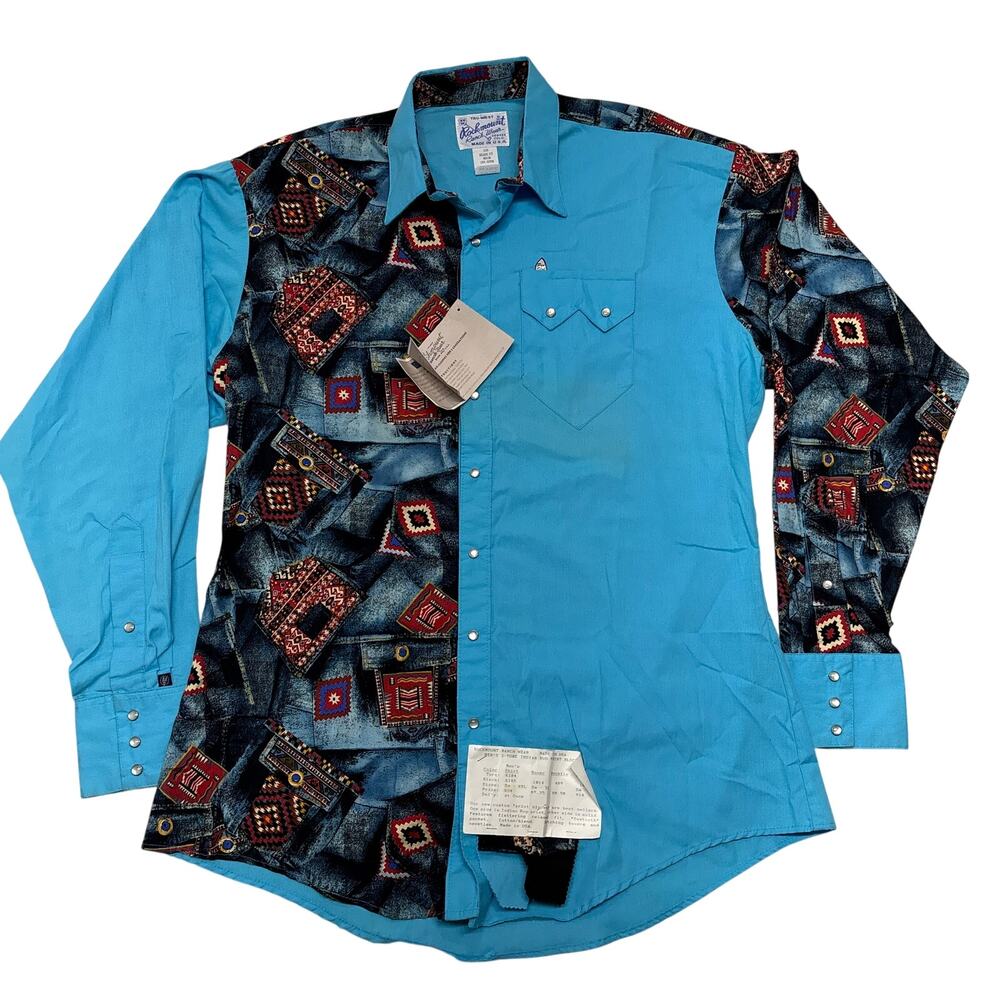 Vintage Rockmount Ranch Wear Shirt Mens Medium Blue Relaxed Pearl Snap Aztec 80s
